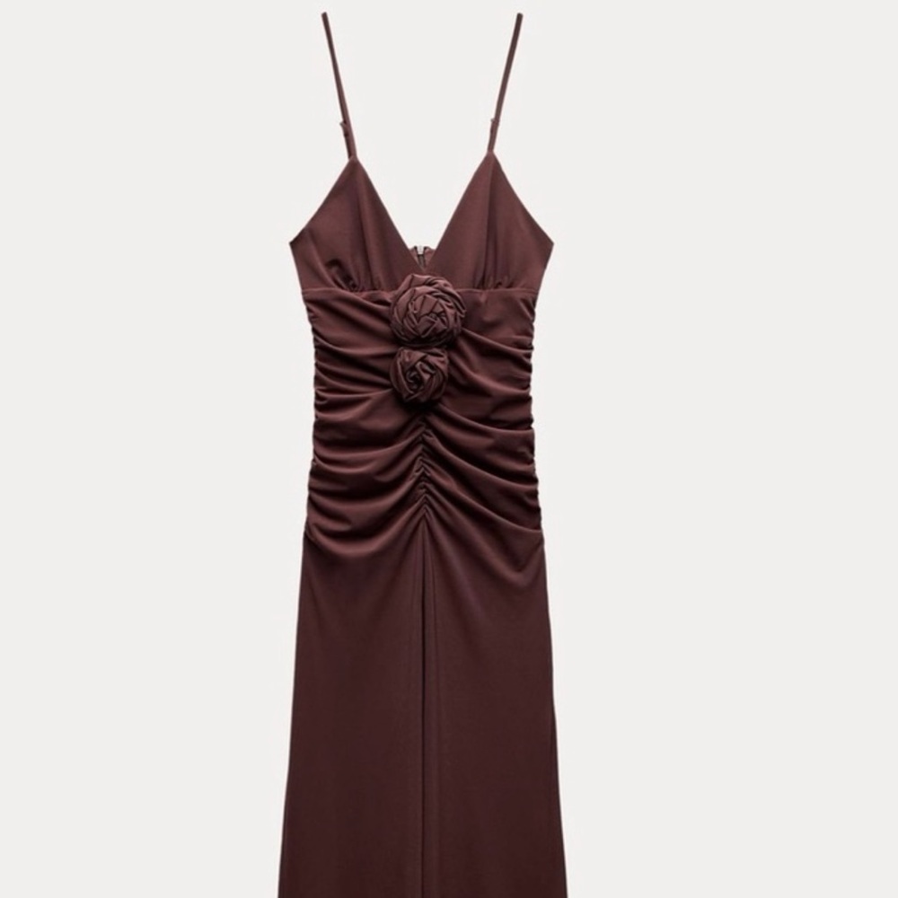 Zara Chocolate Brown Maxi Dress with Rosette Accents